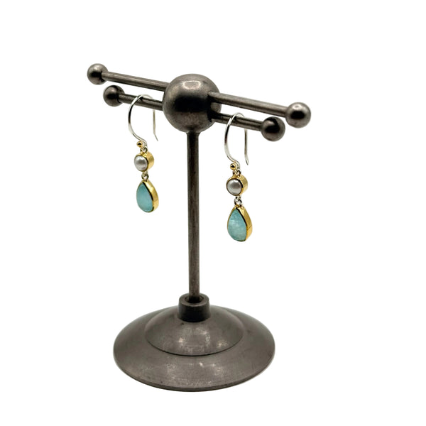 AMAZONITE AND PEARL GOLD EARRINGS