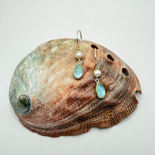 AMAZONITE AND PEARL GOLD EARRINGS